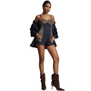 Pilcro Sleeveless Snake Print Dark Denim Romper Stretch Multicolored Size: 8